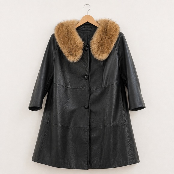 Peter Caruso Jackets & Blazers - VTG‎ Peter Caruso Mob Wife Leather Fur Collar Coat Womens XL Vintage Glam Luxury